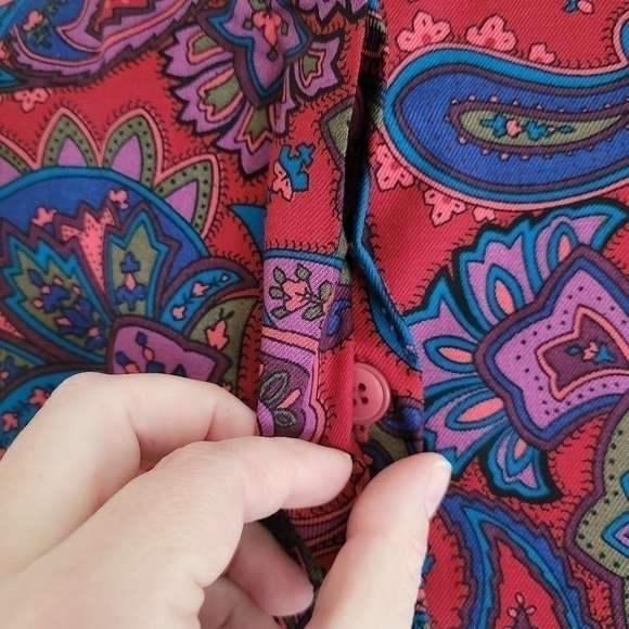 Vintage 70s Burgundy Paisley Button Front Long Sleeve Pleated Shirt Dress Size 4 - Picture 6 of 16